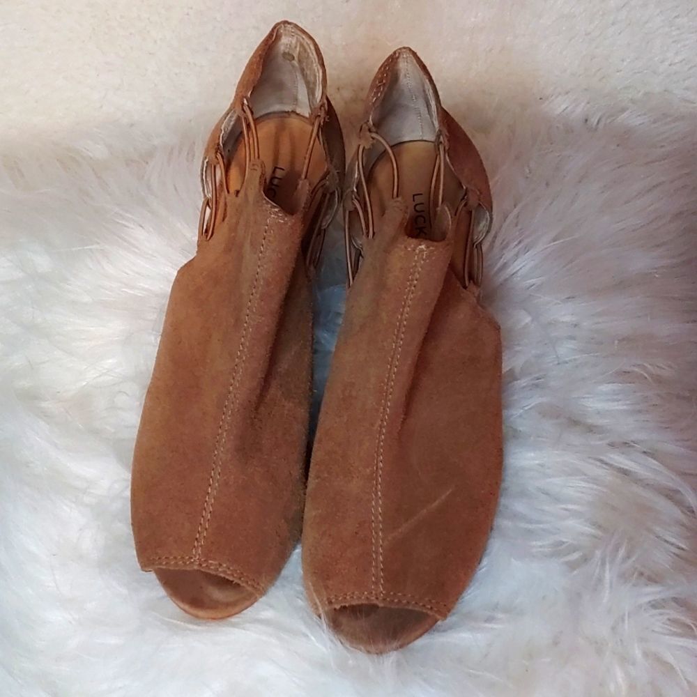 Lucky brand wedge ,toe out bootie! 100% leather suede, and sole